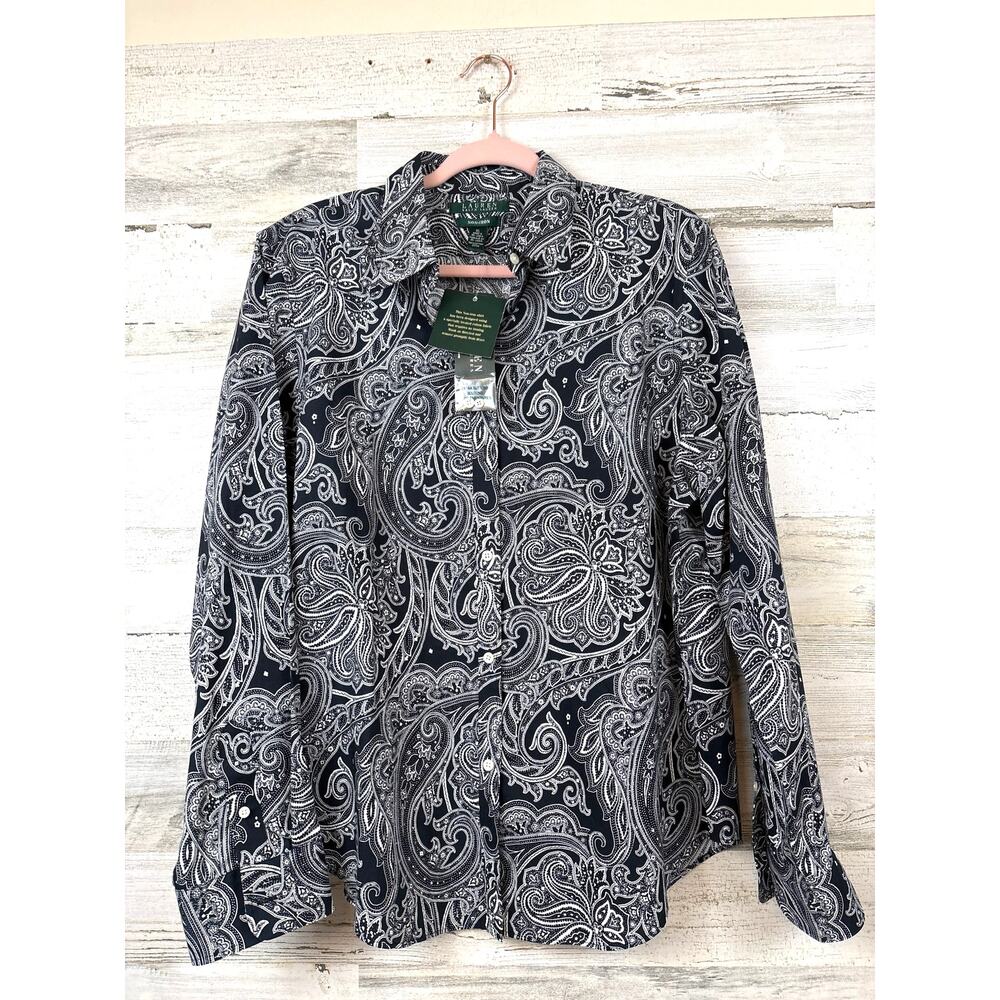 Lauren Ralph Lauren Womens XL Black White Paisley Button Up Cotton Shirt NWT